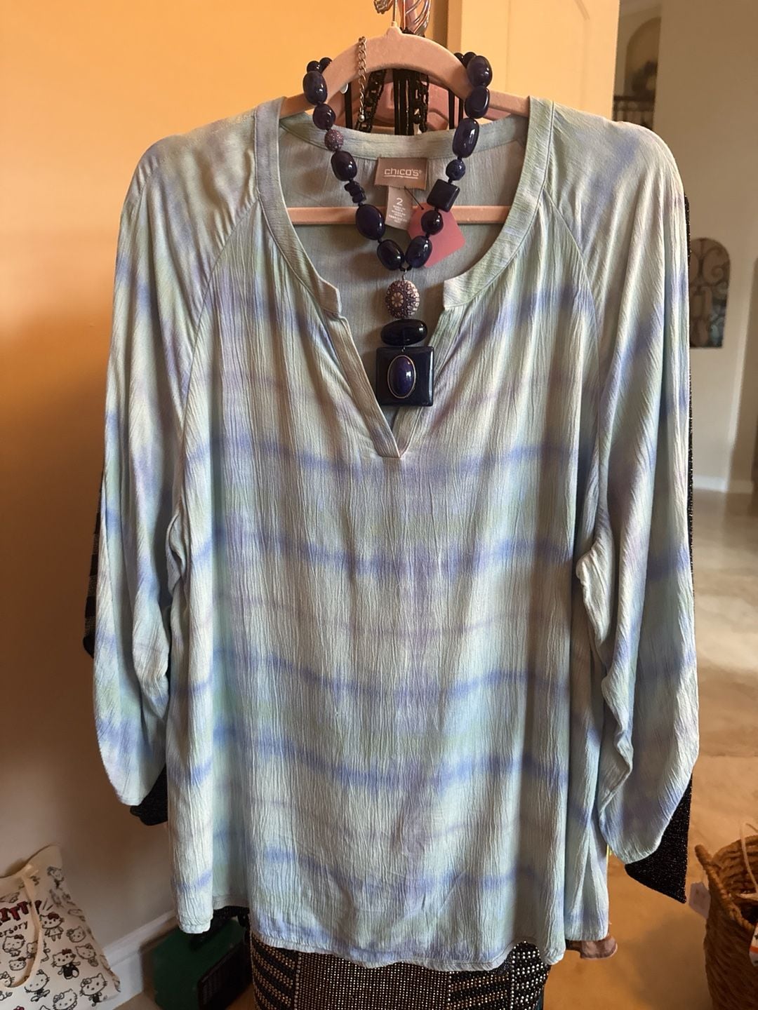 Chico's Zen Green Multi Tie Dye Crinkle Popover Top Size 2
